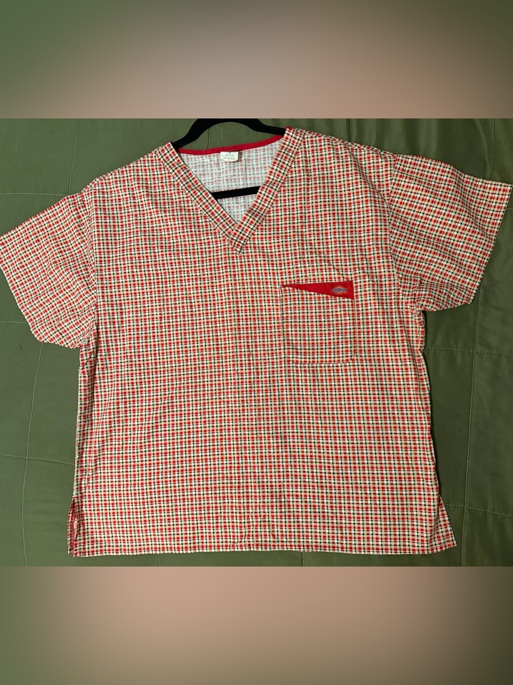 Dickies Red and White Scrubs Check V-Neck Shirt